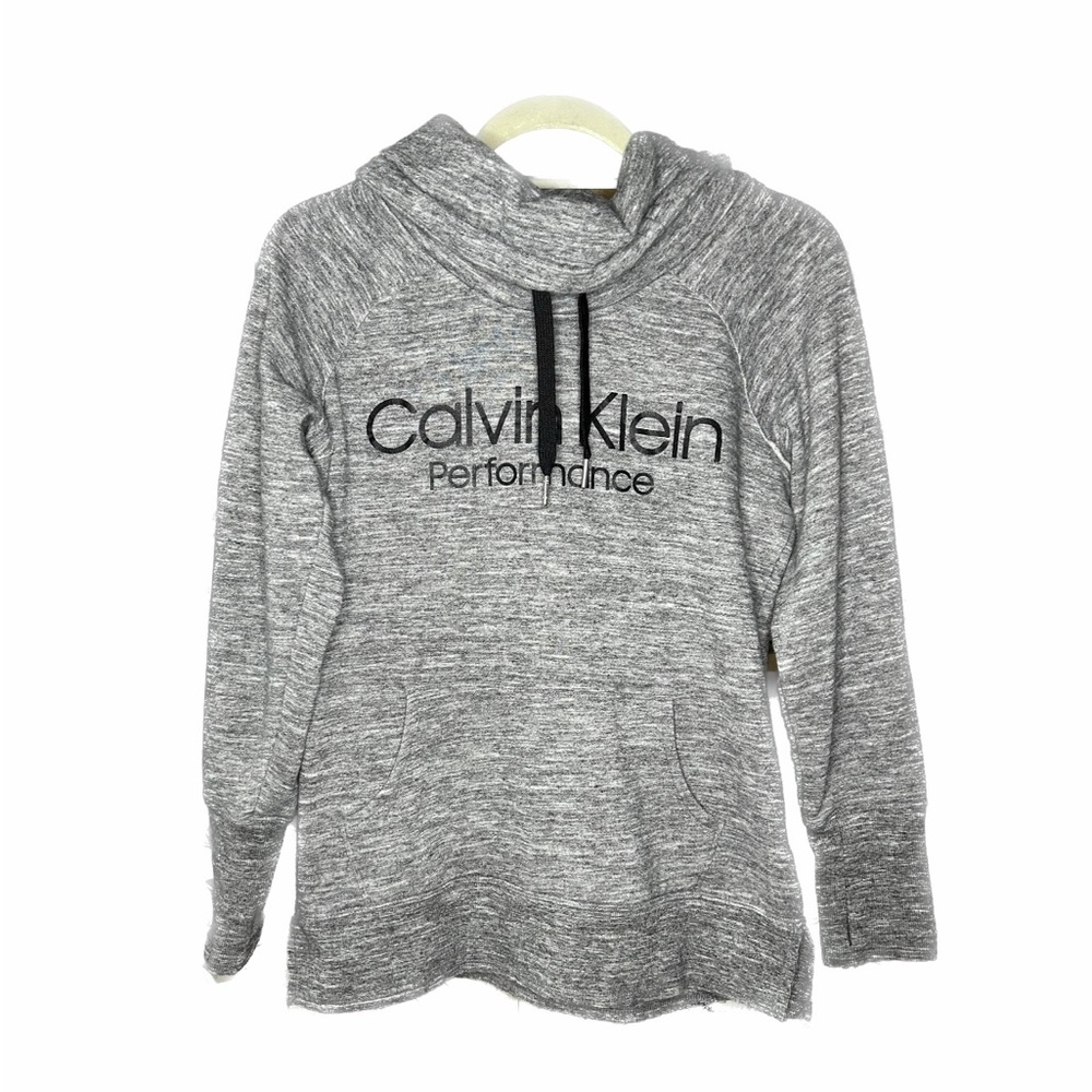 Calvin Klein Cowl Neck Hoodie Heather Grey Athletic Sweatshirt with Thumb Holes
